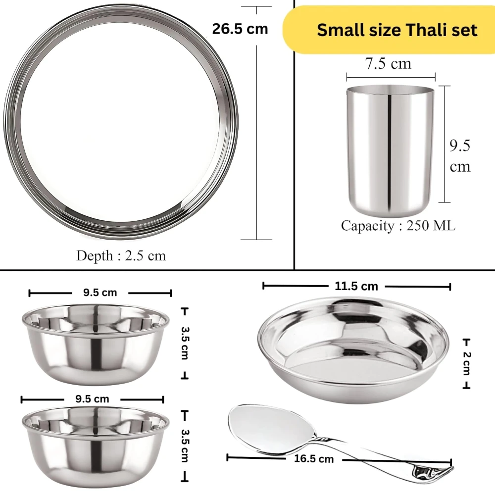 Rakesh Gold Steel Hammered Style Thali Set of 6 | Heavy Gauge Mathar Style Dinner Set – 1 Thali, 2 Bowls, 1 Plate, 1 Glass & 1 Spoon | 6 pcs thali Set for Home and Gifting (Heavy Plain Set, Small)