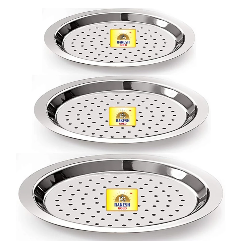 Rakesh Gold Stainless Steel Heavy Gauge Hole Lids for Utensils | Steel lid with hole for tope, pans, tapeli, multiuse- Dishwasher safe and BPA free (3, (3pcs) Hole lids, Small)