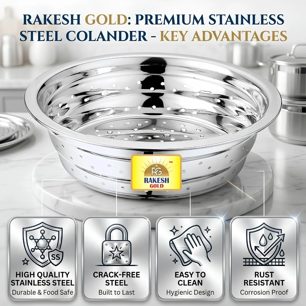 Rakesh Gold Stainless Steel Colander & Strainer for Kitchen Use – Multi-Use Channi/Steel Chalni with Holes for Washing Rice, Fruits, Vegetables & Wheat (Regular Size) (Regular Size, Colander)