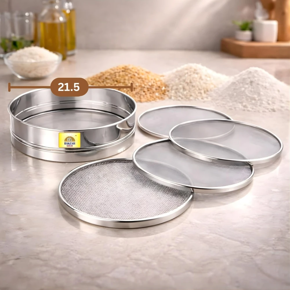 Rakesh Gold Stainless Steel Colander & Strainer for Kitchen Use – Multi-Use Channi/Steel Chalni with Holes for Washing Rice, Fruits, Vegetables & Wheat (Regular Size) (Regular Size, 4 in 1 CHALNI)
