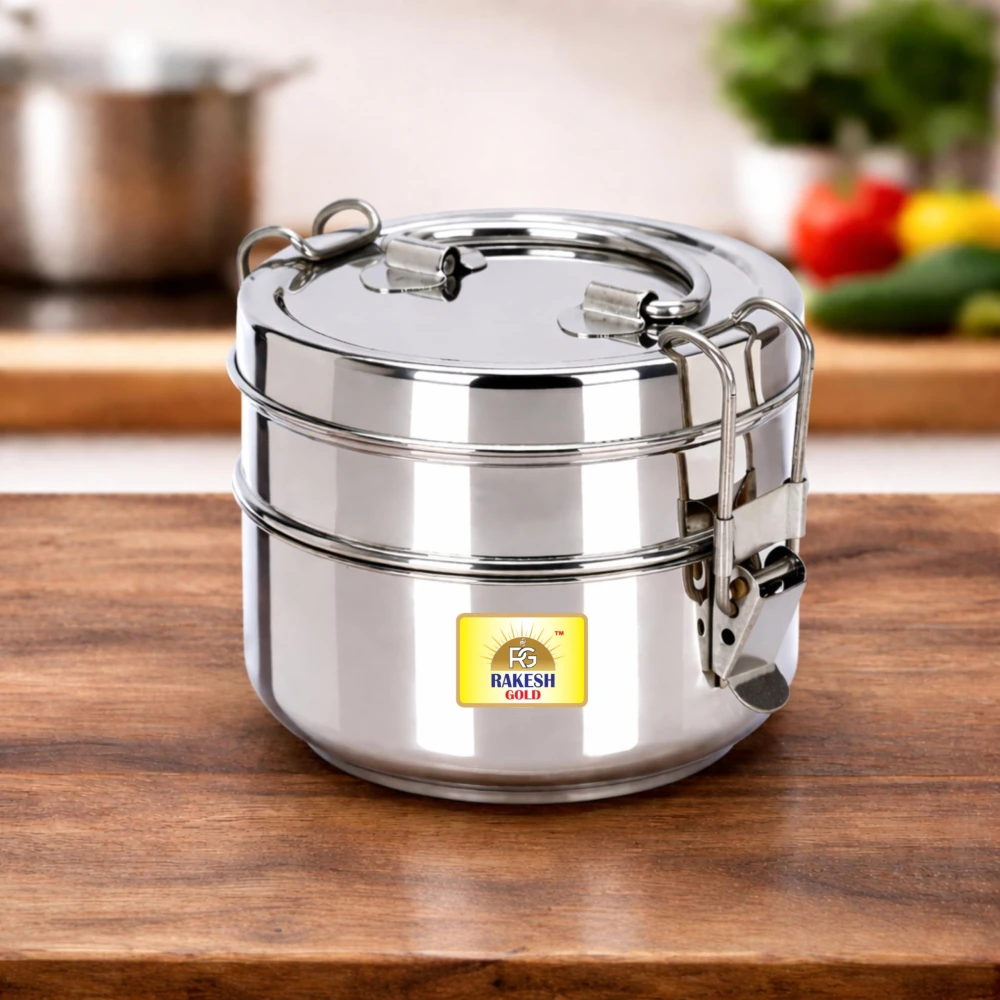 Rakesh Gold Lunch Box for Everyday Use, Portable Meal Container for School, Office, and Travel (2 TIRE, Regular Size)
