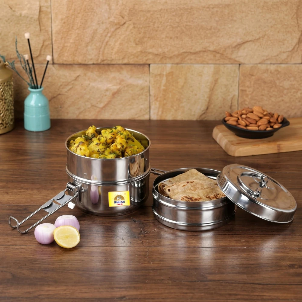 Rakesh Gold Lunch Box for Everyday Use, Portable Meal Container for School, Office, and Travel (3 TIRE, Regular Size)