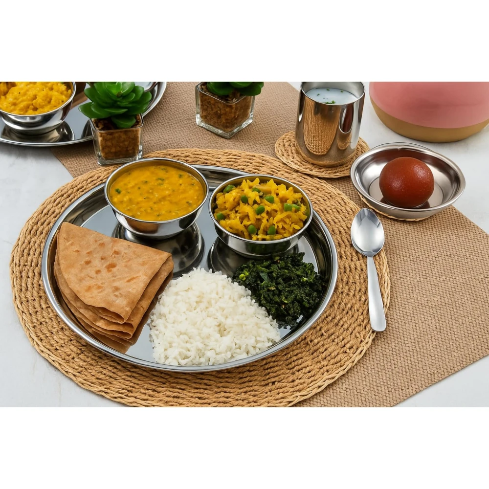 Rakesh Gold Steel Hammered Style Thali Set of 6 | Heavy Gauge Mathar Style Dinner Set – 1 Thali, 2 Bowls, 1 Plate, 1 Glass & 1 Spoon | 6 pcs thali Set for Home and Gifting (Heavy Plain Set, Large)