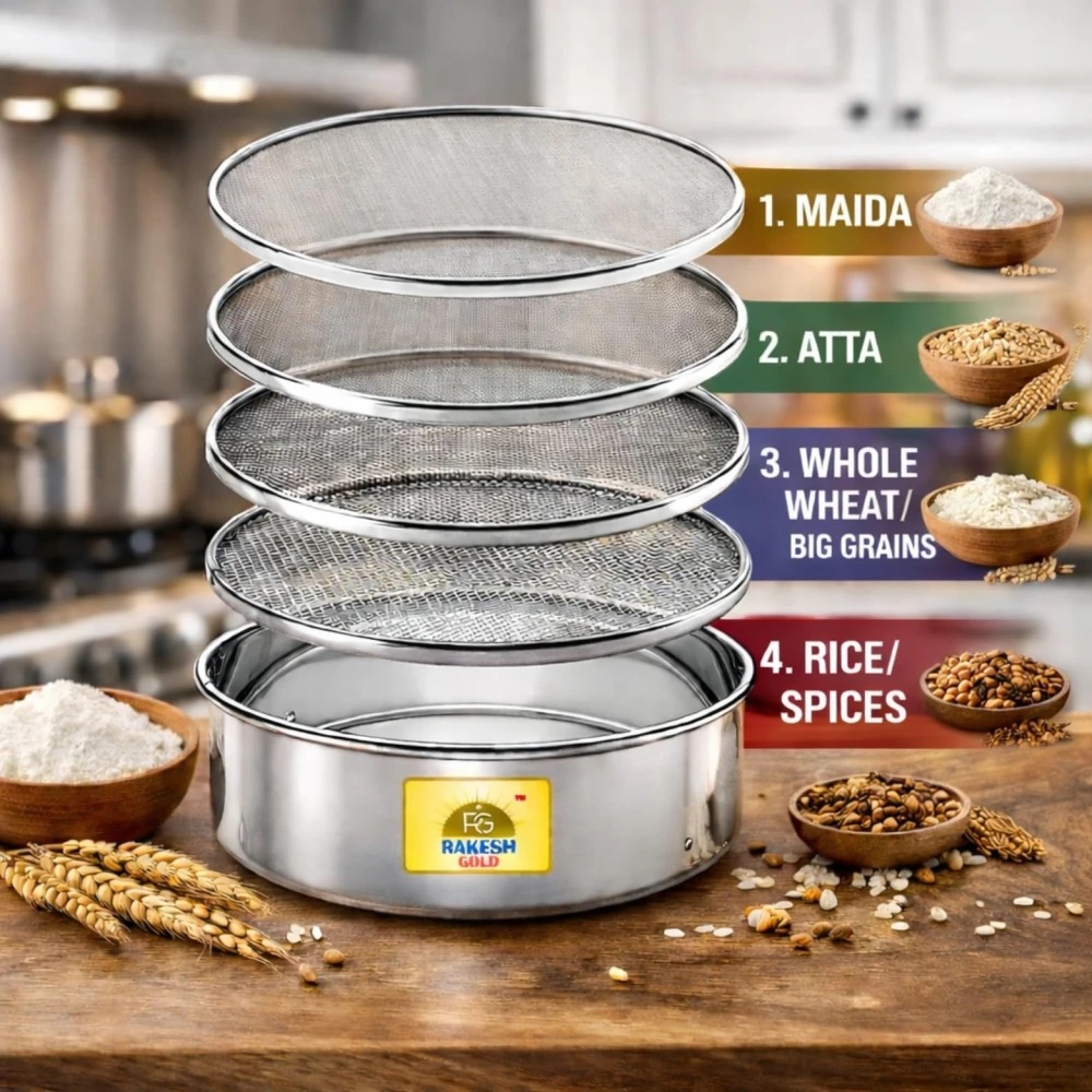 Rakesh Gold Stainless Steel Colander & Strainer for Kitchen Use – Multi-Use Channi/Steel Chalni with Holes for Washing Rice, Fruits, Vegetables & Wheat (Regular Size) (Regular Size, 4 in 1 CHALNI)