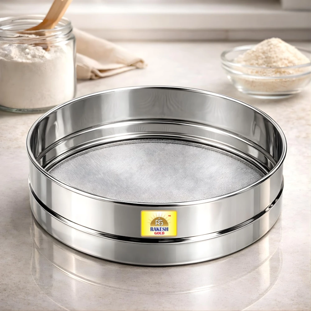 Rakesh Gold Large Stainless Steel Atta & Suji Chalni | Fine Mesh Steel Sieve | Heavy Duty Food Grade Kitchen Channi | Premium Stainless Steel Flour Sieve (Large Size, Atta and Suji CHALNI)