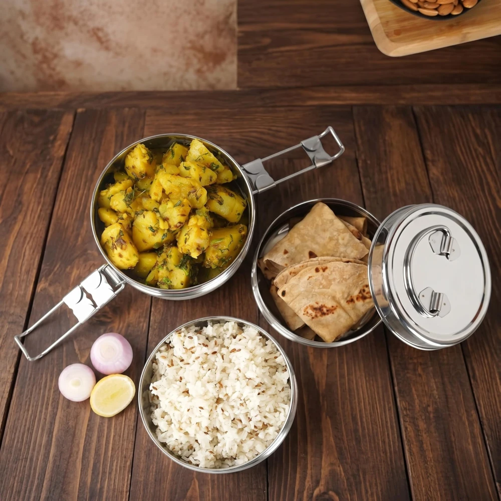 Rakesh Gold Lunch Box for Everyday Use, Portable Meal Container for School, Office, and Travel (2 TIRE, Regular Size)