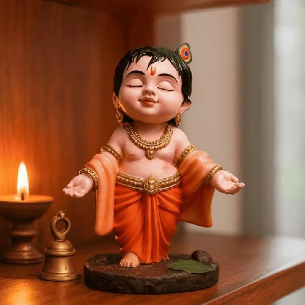Cute Bal Krishna Idol | Resin Baby Krishna Murti for Home Temple, Mandir & Pooja Room | Little Krishna Statue for Table, Shelf, Office & Home Decor | Hindu God Idol for Puja, Gifting