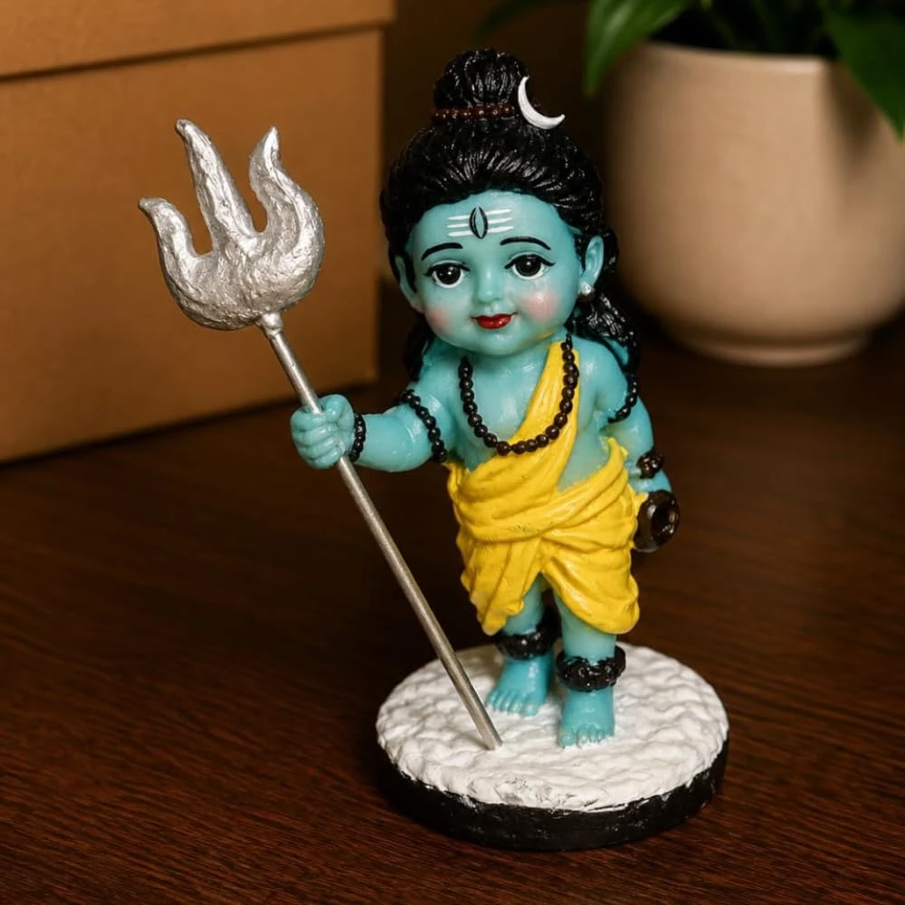 Shivji Idol for Car Dashboard, Home Temple & Office Desk | Compact Resin Lord Shiva Mahadev Murti for Puja Room, Table Decor, Car Dashboard & Spiritual Gift (Baby Mahadev with Trishul Idol)