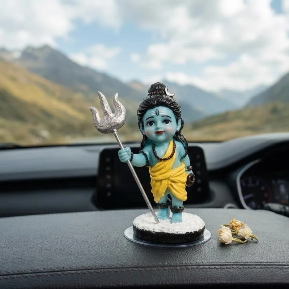 Shivji Idol for Car Dashboard, Home Temple & Office Desk | Compact Resin Lord Shiva Mahadev Murti for Puja Room, Table Decor, Car Dashboard & Spiritual Gift (Baby Mahadev with Trishul Idol)