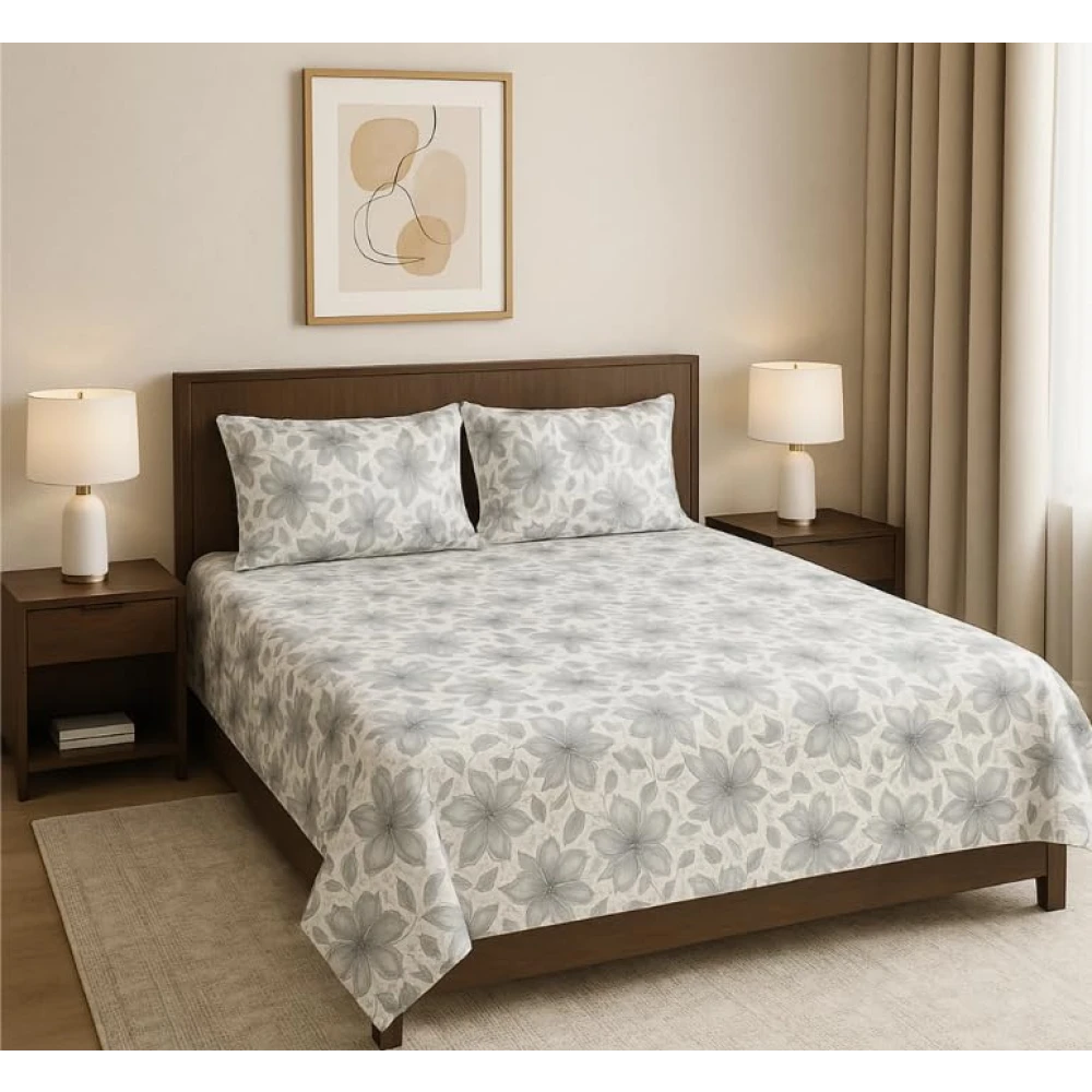 RADECOR Premium Polycotton Flower Grey Bedsheet with 2 Pillow Covers | Soft & Breathable Fabric | Machine Washable | King Size | Ideal for Daily Use