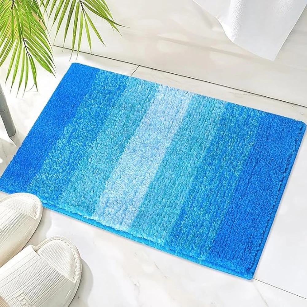 RADECOR Classic Stripe Water Absorbing Bathmat for Floor, Anti Slip Microfiber Bath Rugs 40x60 Cms - Blue