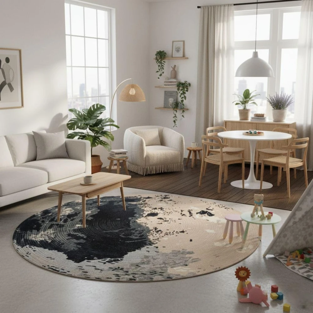 RADECOR Eclipse Motion Round Area Rug for Living Room | Modern Abstract Pattern Carpet for Home Décor | Soft Floor Rug for Bedroom, Dining & Lounge Areas