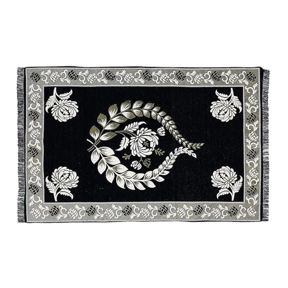 RADECOR Floral Design Sleek and Spacious Rectangular Chenille Carpet with Binding | Area Rug | Durries for Living Room, Bedroom |5X7 Feet (210 Cmx152 Cm) Black