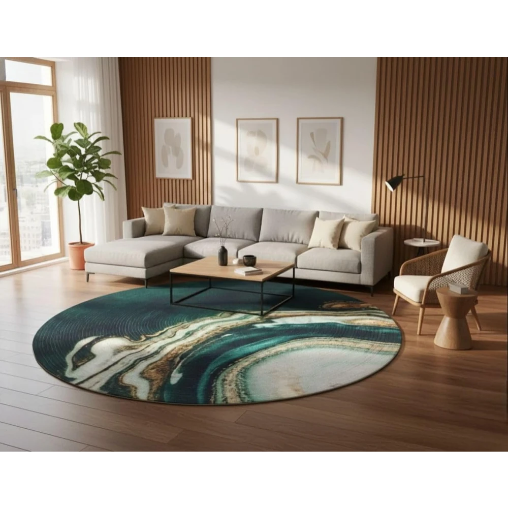 RADECOR Ocean Vein Luxury Round Carpet | Modern Abstract Marble Design Round Rug for Living Room, Bedroom & Home Décor | Premium Decorative Floor Carpet