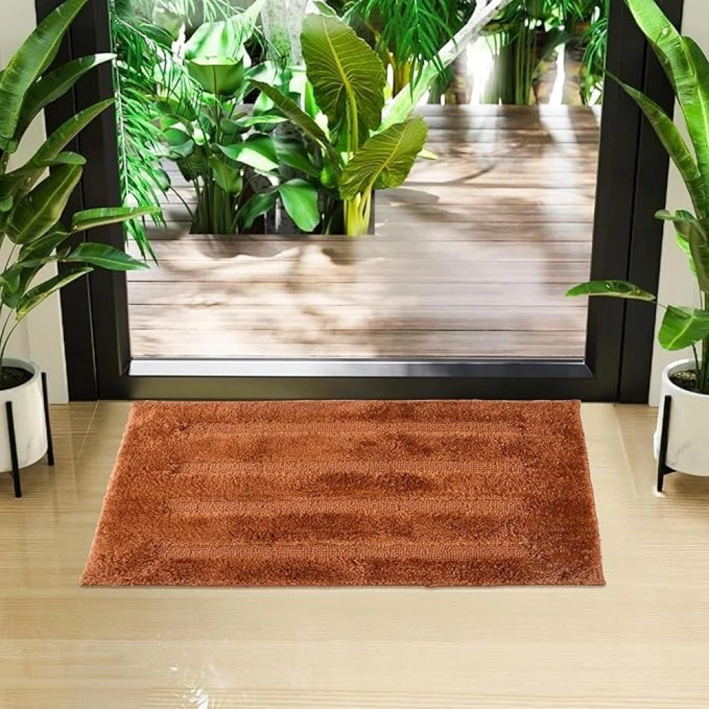 RADECOR Classic Stripe Water Absorbing Bathmat for Floor, Anti Slip Microfiber Bath Rugs 40x60 Cms - Light Brown