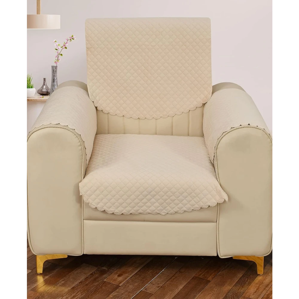 RADECOR ATICUE Solid Color Premium Quilted Sofa Cover Set Sofa Slip Covers/Velvet Sofa Panel (Beige, 1 Seater + Arm Cover)