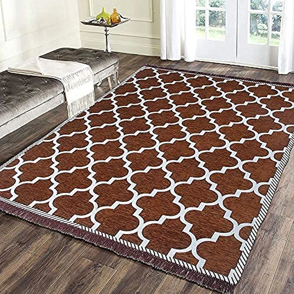 RADECOR Geometric Design Sleek and Spacious Rectangular Chenille Carpet with Binding | Area Rug | Durries for Living Room, Bedroom |5X7 Feet (210 Cmx152 Cm) Coffee