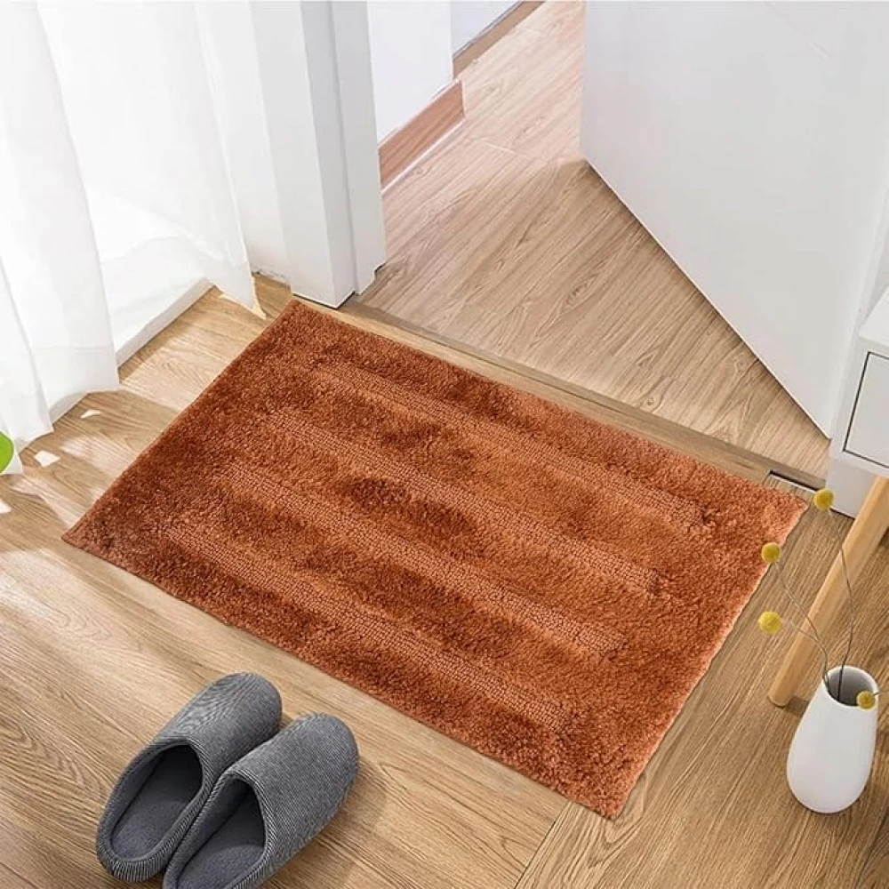 RADECOR Classic Stripe Water Absorbing Bathmat for Floor, Anti Slip Microfiber Bath Rugs 40x60 Cms - Light Brown