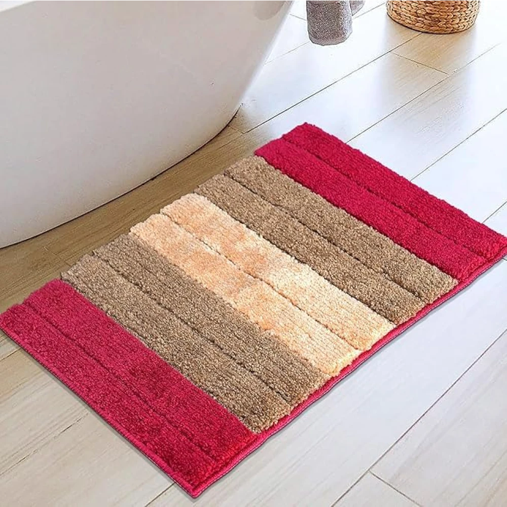 RADECOR Classic Stripe Water Absorbing Bathmat for Floor, Anti Slip Microfiber Bath Rugs 40x60 Cms - Pink