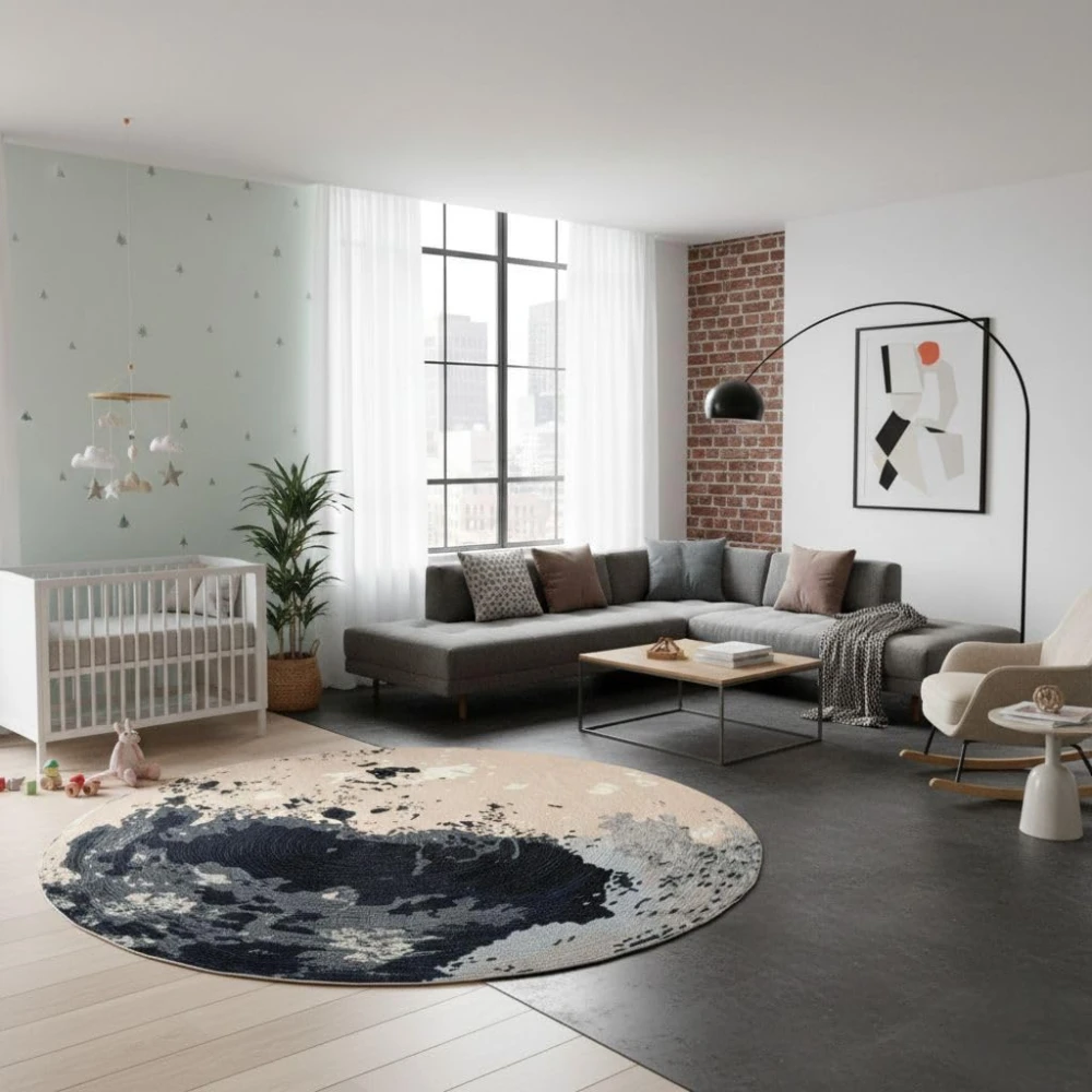 RADECOR Eclipse Motion Round Area Rug for Living Room | Modern Abstract Pattern Carpet for Home Décor | Soft Floor Rug for Bedroom, Dining & Lounge Areas