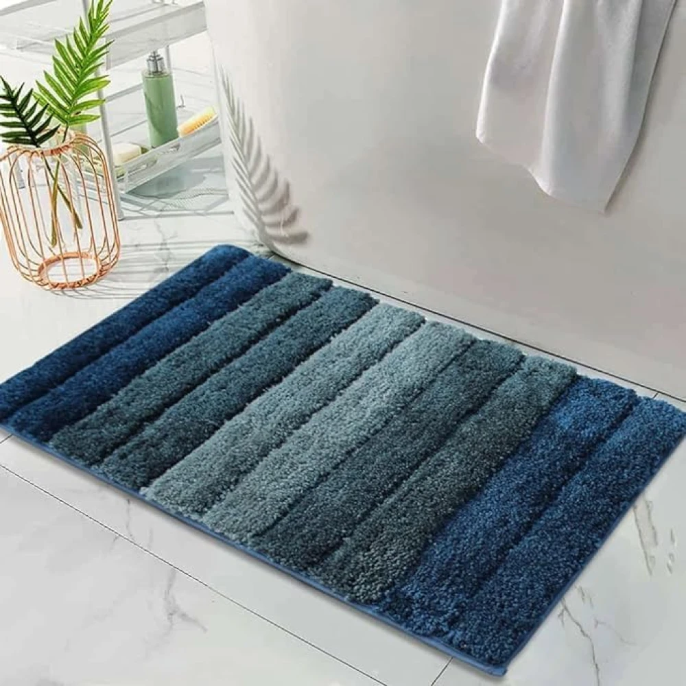 RADECOR Classic Stripe Water Absorbing Bathmat for Floor, Anti Slip Microfiber Bath Rugs 40x60 Cms - Dark Blue