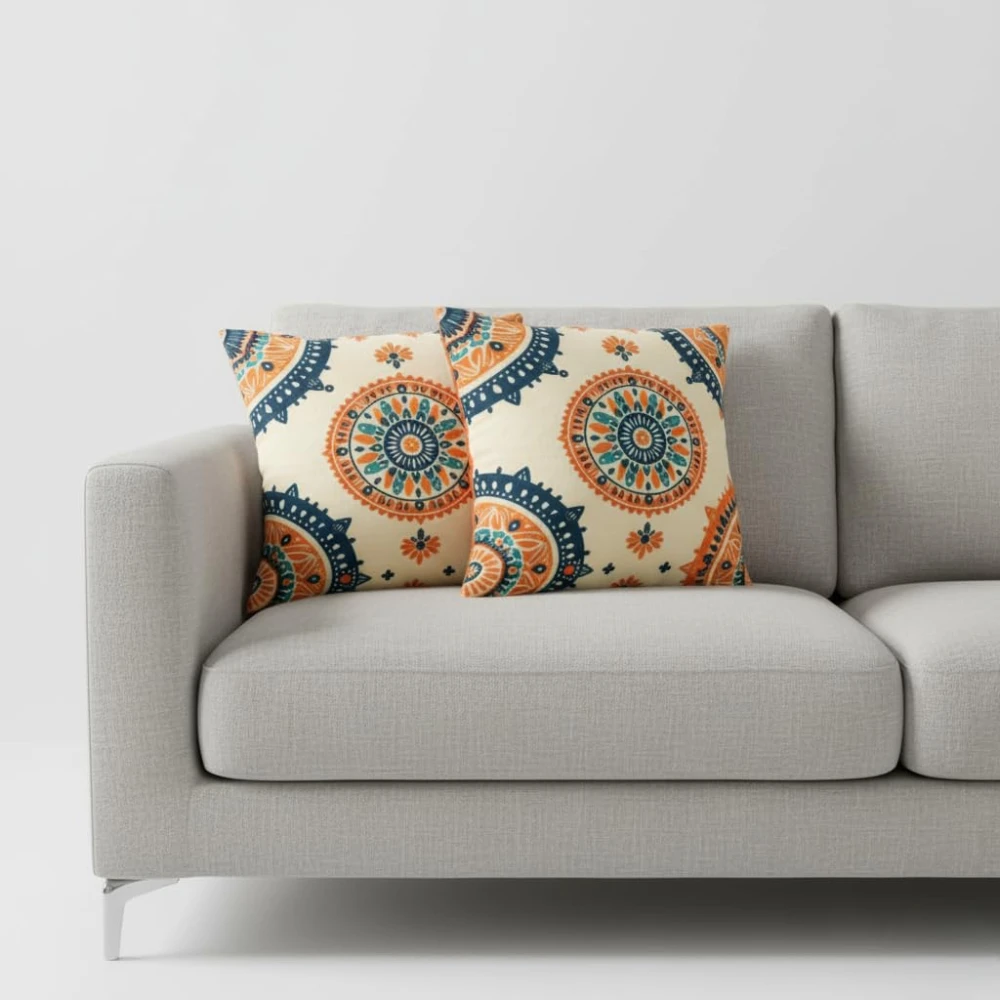 RADECOR Heritage Mandala Medallion Cushion Cover Set of 2 | 16x16 Inches Square Covers | Premium Poly Spun Fabric | Hidden Zipper | Modern Decorative Cushion Covers for Sofa, Living Room & Bedroom