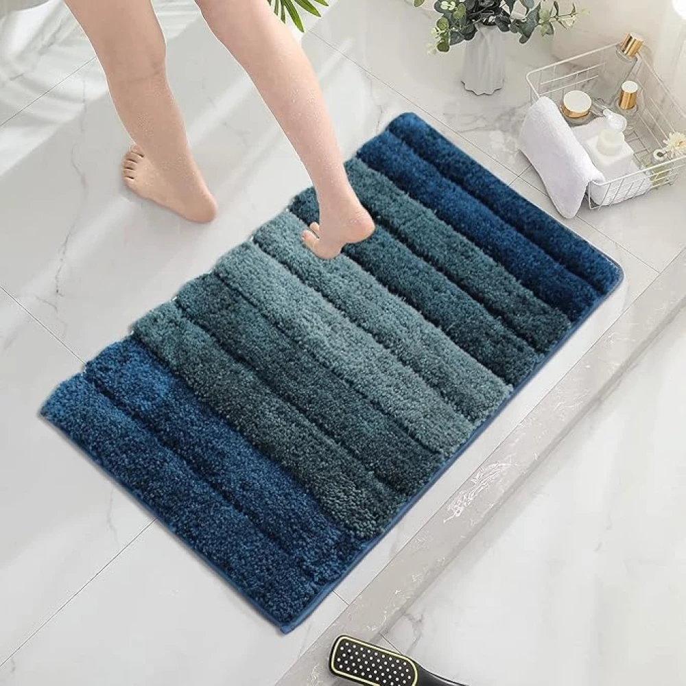 RADECOR Classic Stripe Water Absorbing Bathmat for Floor, Anti Slip Microfiber Bath Rugs 40x60 Cms - Dark Blue