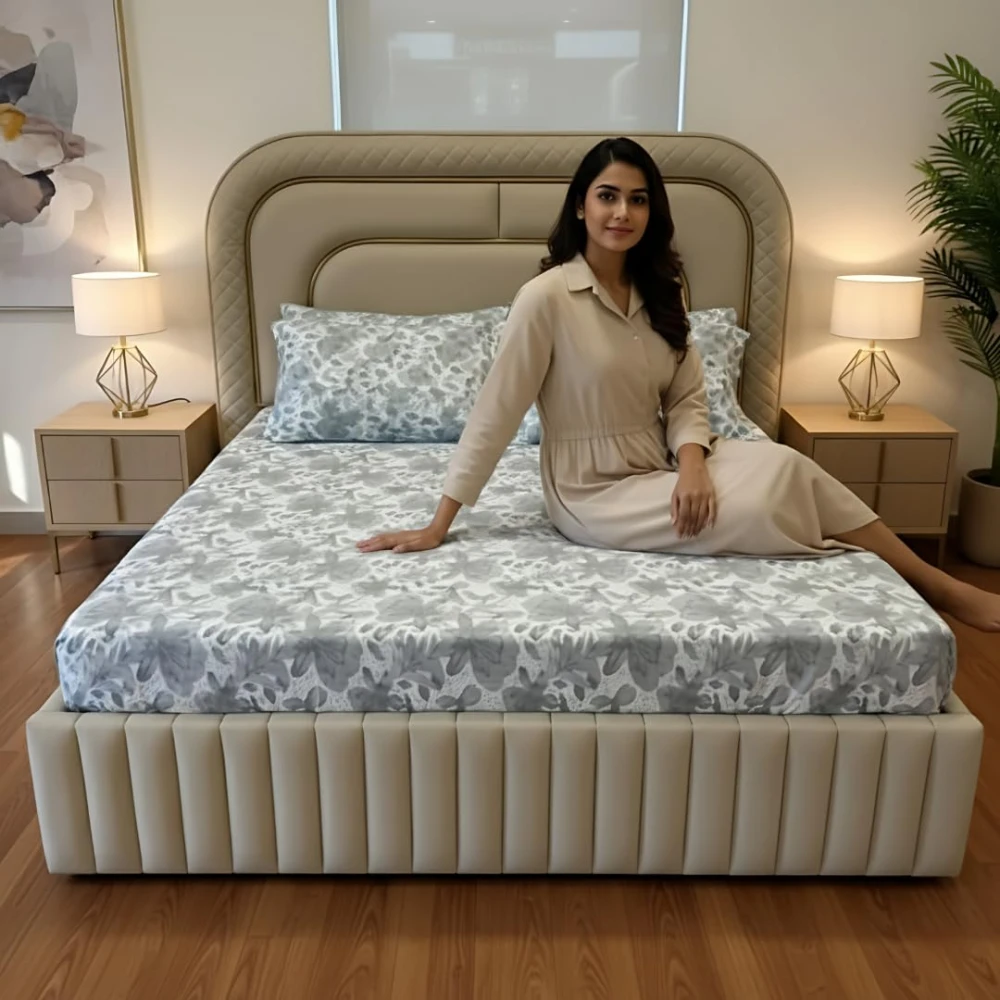 RADECOR Premium Polycotton Flower Grey Bedsheet with 2 Pillow Covers | Soft & Breathable Fabric | Machine Washable | King Size | Ideal for Daily Use