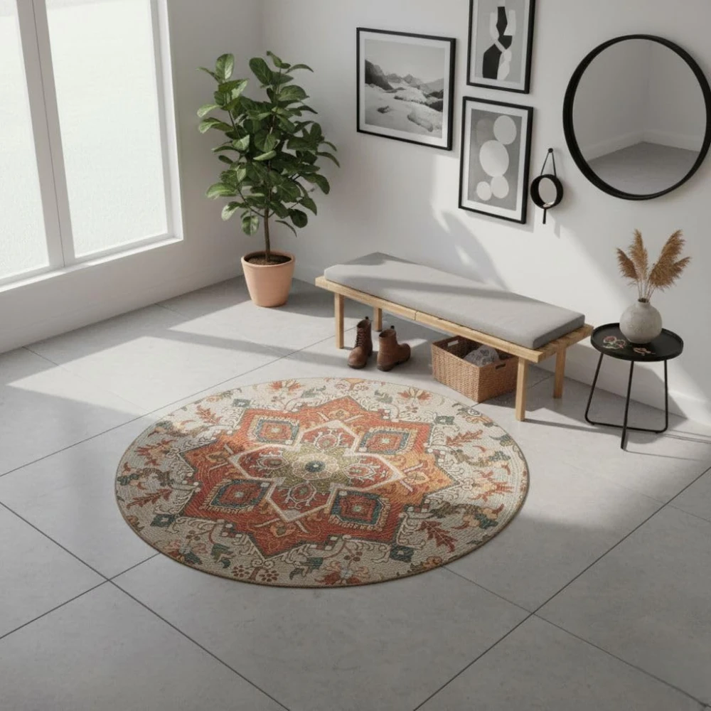 RADECOR Jaipur Mandala Heritage Round Carpet | Traditional Printed Round Rug for Living Room, Bedroom & Home Décor | Ethnic Floor Carpet with Vintage Indian Design