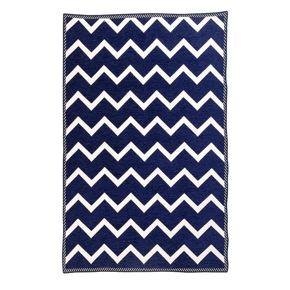 RADECOR Zig Zag Design Sleek and Spacious Rectangular Chenille Carpet with Binding | Area Rug | Durries for Living Room, Bedroom | 5X7 Feet (210 Cmx152 Cm) Navy Blue