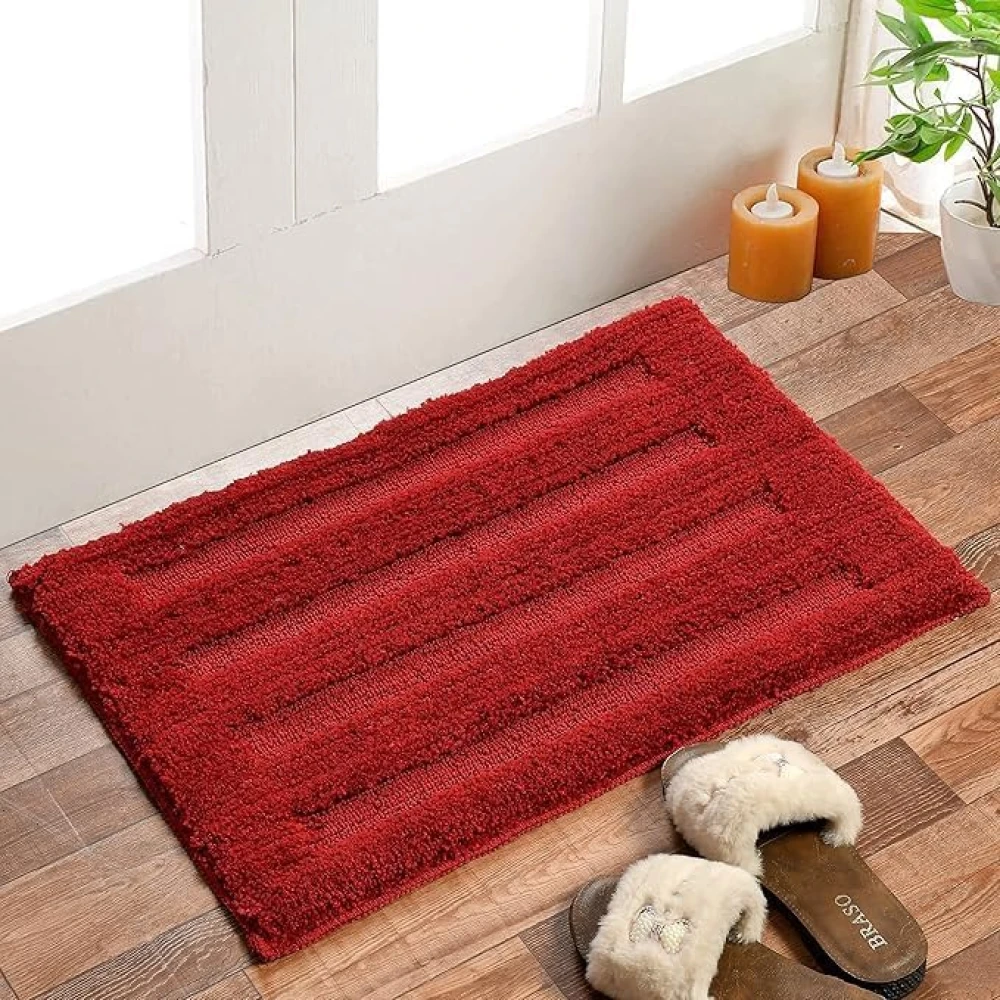 RADECOR Classic Stripe Water Absorbing Bathmat for Floor, Anti Slip Microfiber Bath Rugs 40x60 Cms - Maroon
