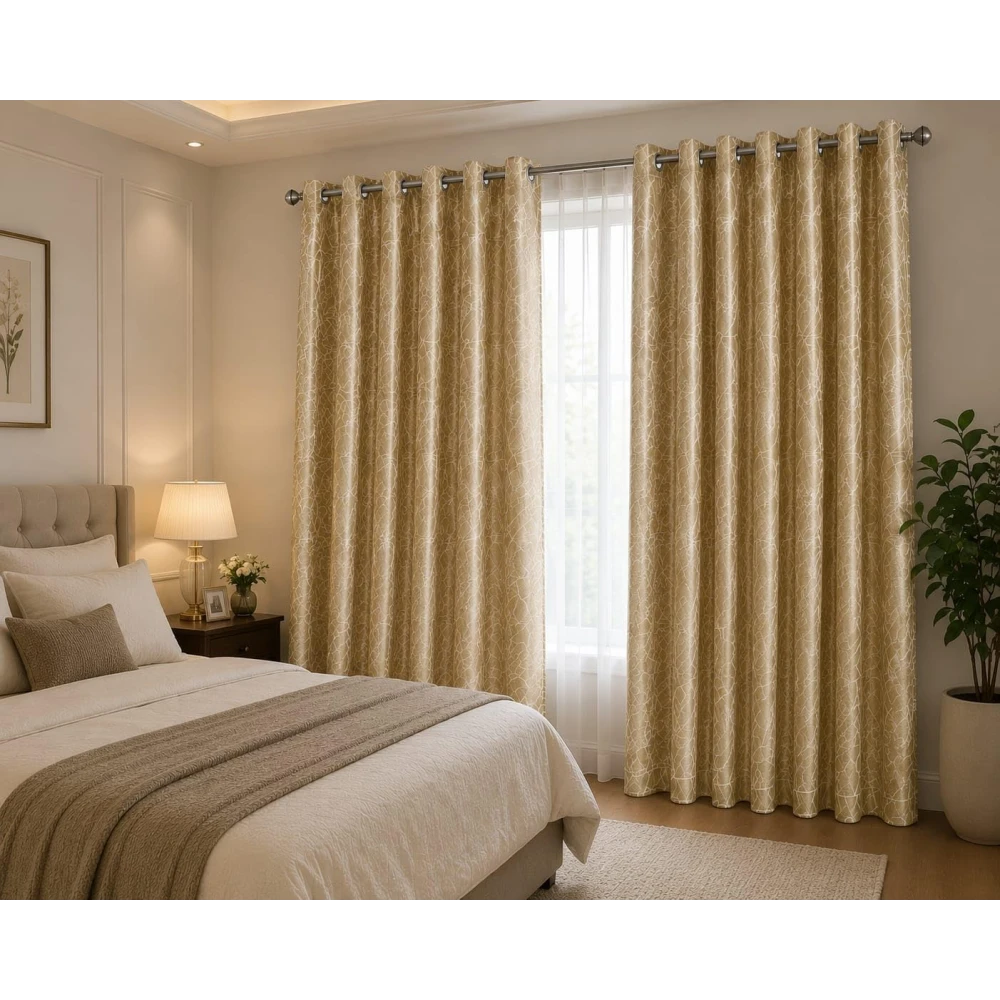 RADECOR Geometric Pattern 5ft Polyester Eyelet Curtain | Modern Window & Door Curtain for Living Room, Bedroom & Office | Decorative Curtain Panel/Golden Beige/Pack of 2