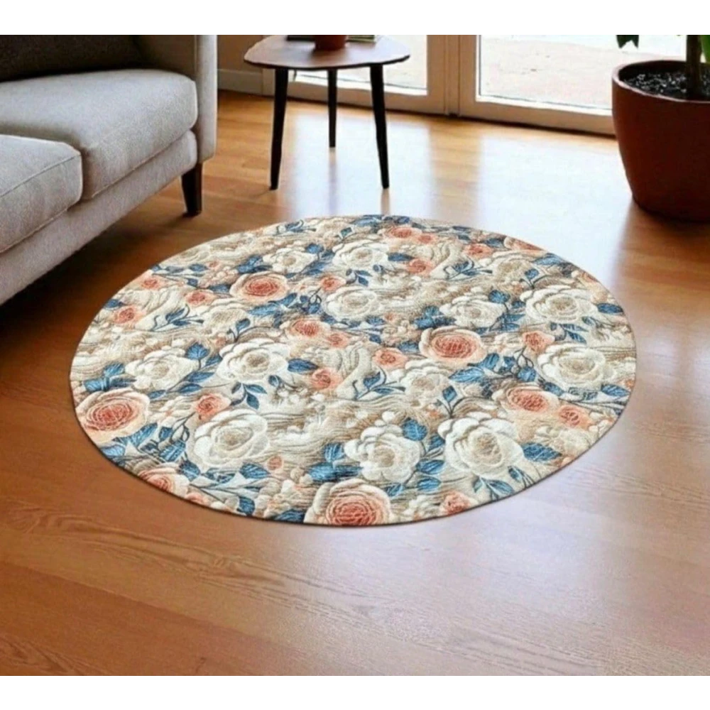 RADECOR Rose Garden Round Carpet | Floral Printed Round Rug for Living Room, Bedroom & Home Décor | Elegant Flower Design Decorative Floor Carpet