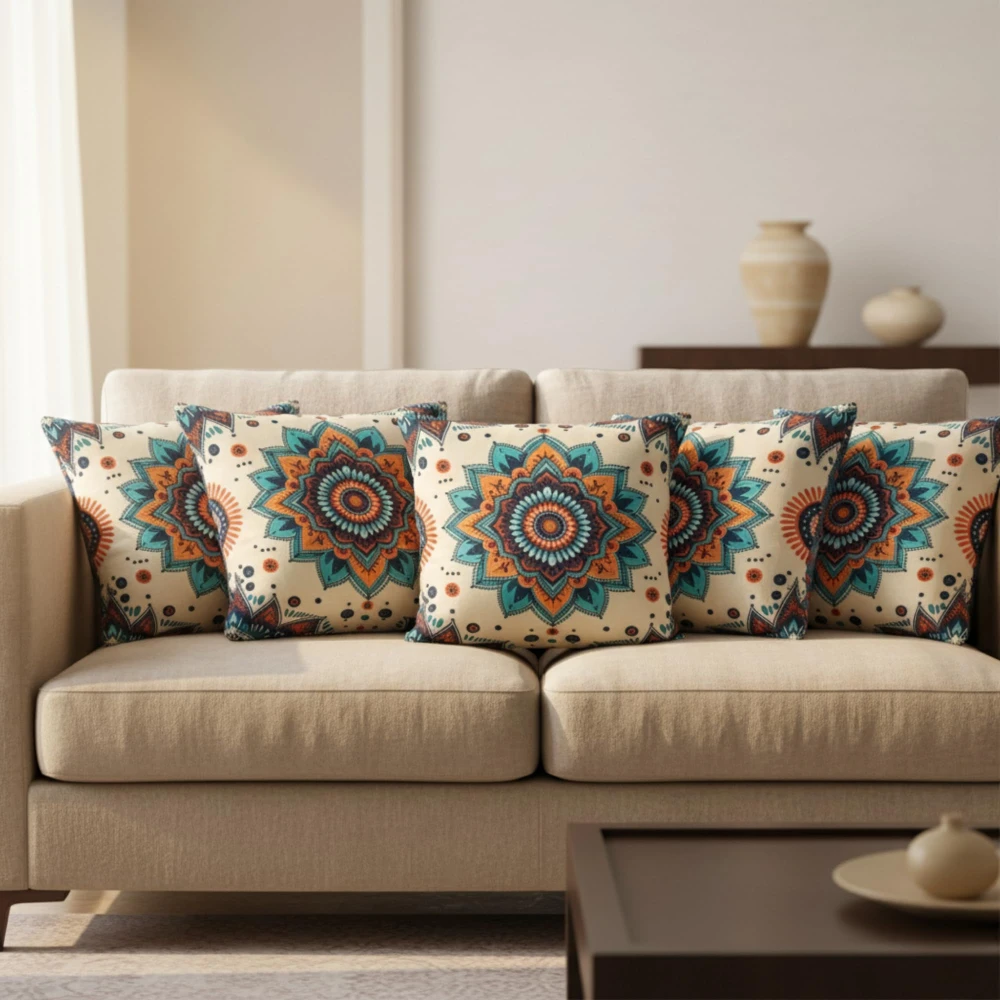 RADECOR Royal Mandala Bloom Cushion Cover Set of 5 | 16x16 Inches Square Covers | Premium Poly Spun Fabric | Hidden Zipper | Modern Decorative Cushion Covers for Sofa, Living Room & Bedroom