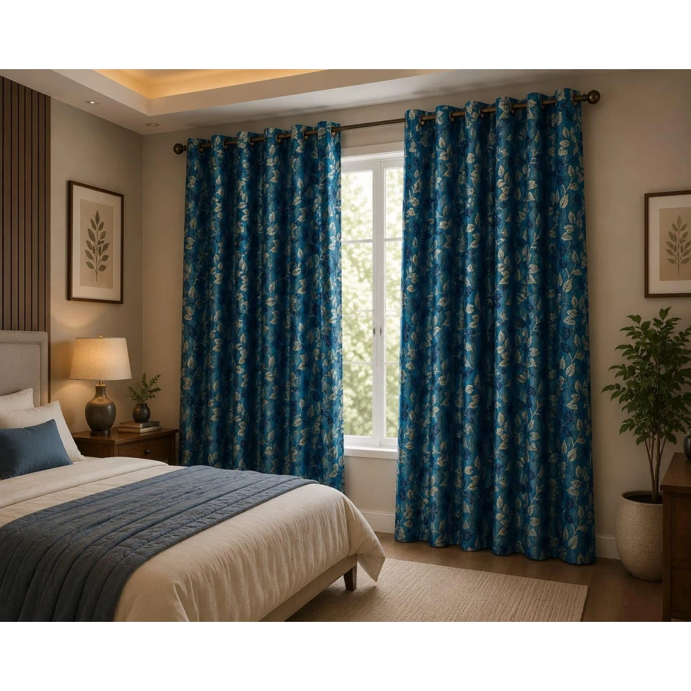 RADECOR Flower Patti Lehar Printed 7ft Window Curtain for Living Room & Bedroom | Premium Polyester Eyelet Curtain | Room Darkening Decorative Curtain | Elegant Leaf Design/Aqua/Pack of 2