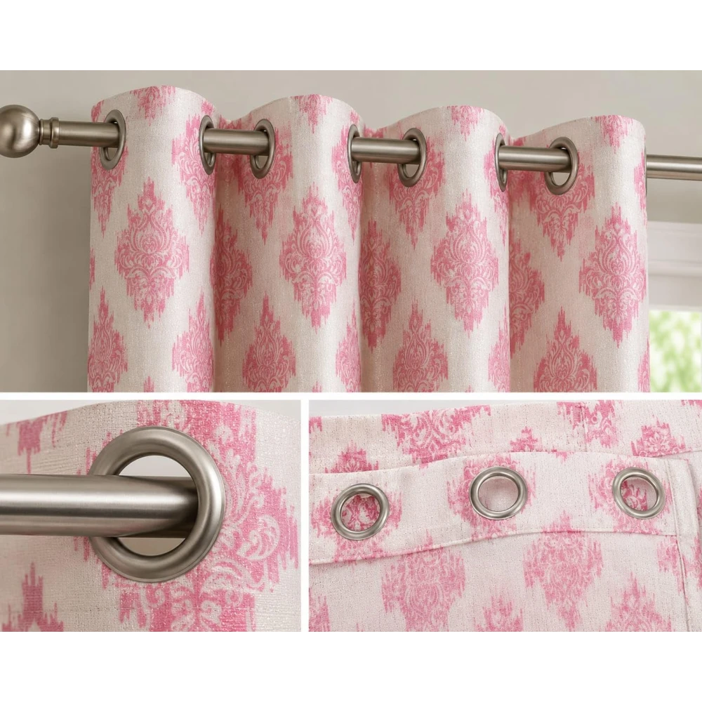 RADECOR Damash Ikat Print 9ft Window Curtain for Living Room & Bedroom | Premium Polyester Eyelet Curtain | Room Darkening Decorative Curtain/Pink/Pack of 2