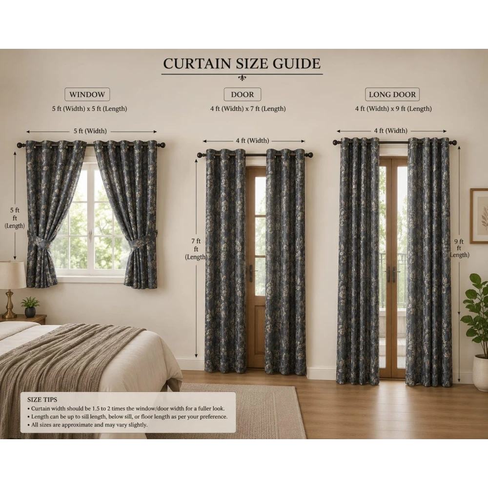 RADECOR Flower Patti Lehar Printed 7ft Window Curtain for Living Room & Bedroom | Premium Polyester Eyelet Curtain | Room Darkening Decorative Curtain | Elegant Leaf Design/Grey/Pack of 2