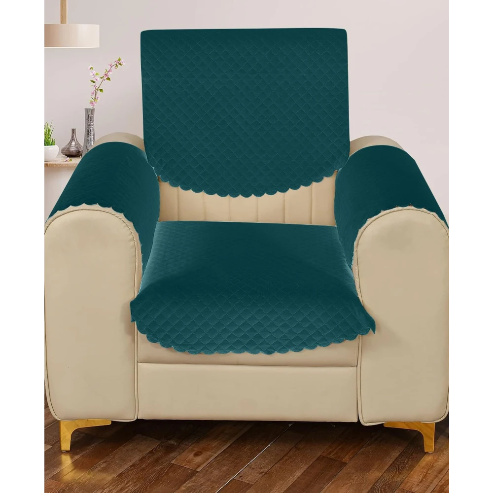 RADECOR ATICUE Solid Color Premium Quilted Sofa Cover Set Sofa Slip Covers/Velvet Sofa Panel (Teal Green, 1 Seater + Arm Cover)