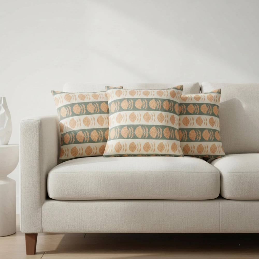 RADECOR Sage Bloom Stripe Cushion Cover Set of 3 | 16x16 Inches Square Covers | Premium Poly Spun Fabric | Hidden Zipper | Modern Decorative Cushion Covers for Sofa, Living Room & Bedroom