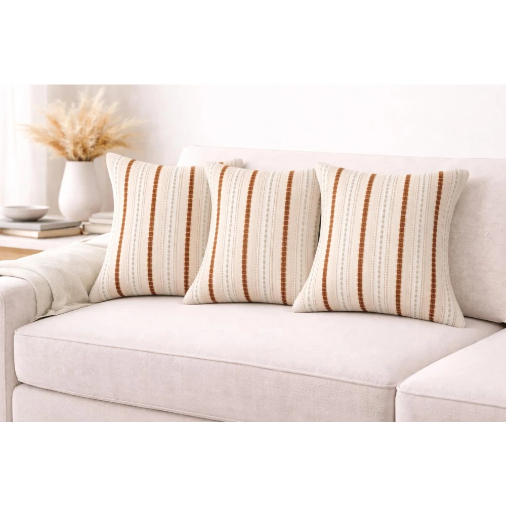 RADECOR Terra Stripe Cushion Cover Set of 3 | Premium Textured Decorative Throw Pillow Covers | Soft Woven Fabric | Hidden Zipper | Modern Boho Farmhouse Sofa Cushion Covers for Living Room, Bedroom