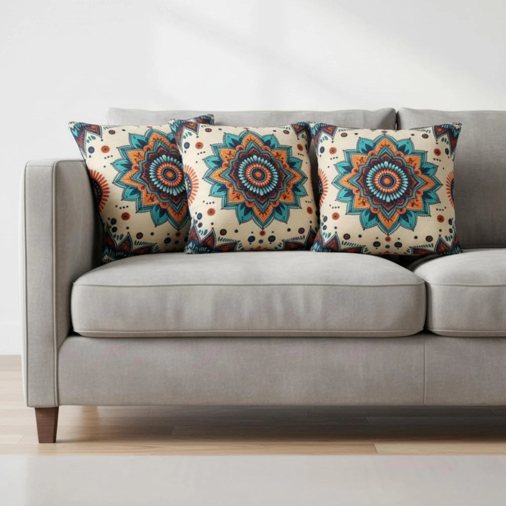 RADECOR Royal Mandala Bloom Cushion Cover Set of 3 | 16x16 Inches Square Covers | Premium Poly Spun Fabric | Hidden Zipper | Modern Decorative Cushion Covers for Sofa, Living Room & Bedroom