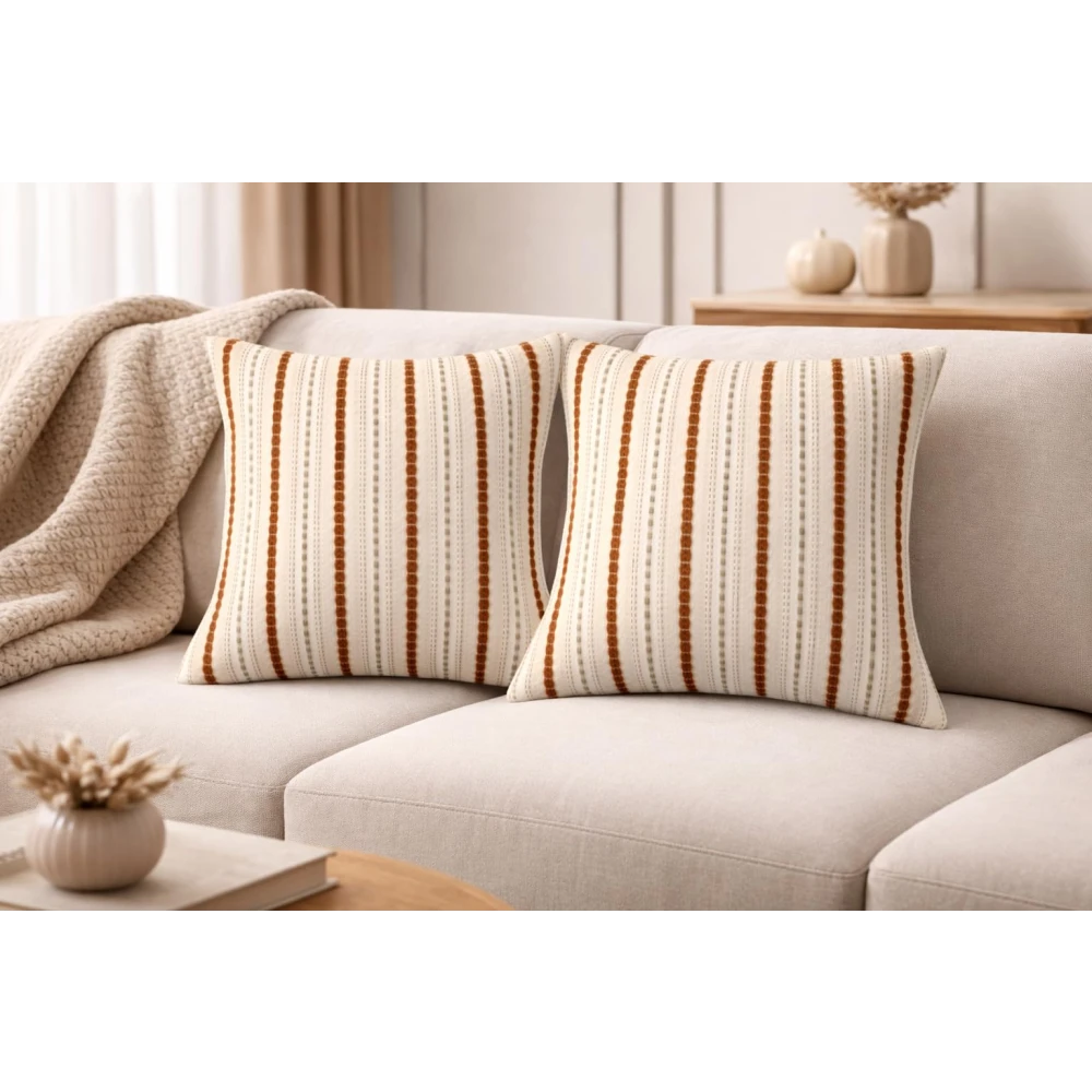 RADECOR Terra Stripe Cushion Cover Set of 2 | Premium Textured Decorative Throw Pillow Covers | Soft Woven Fabric | Hidden Zipper | Modern Boho Farmhouse Sofa Cushion Covers for Living Room, Bedroom