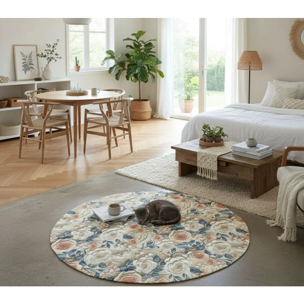 RADECOR Rose Garden Round Carpet | Floral Printed Round Rug for Living Room, Bedroom & Home Décor | Elegant Flower Design Decorative Floor Carpet