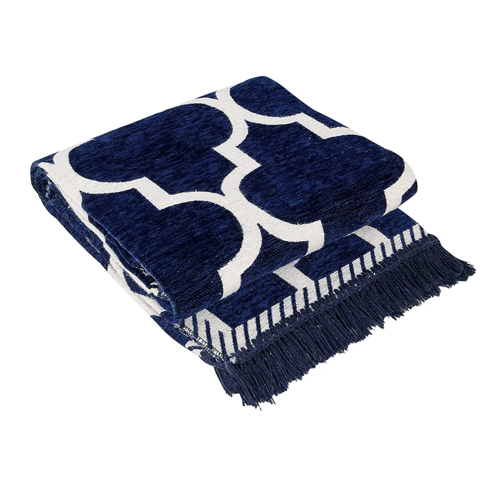 RADECOR Geometric Rectangular Chenille Carpet, Navy Blue, 5X7 Feet