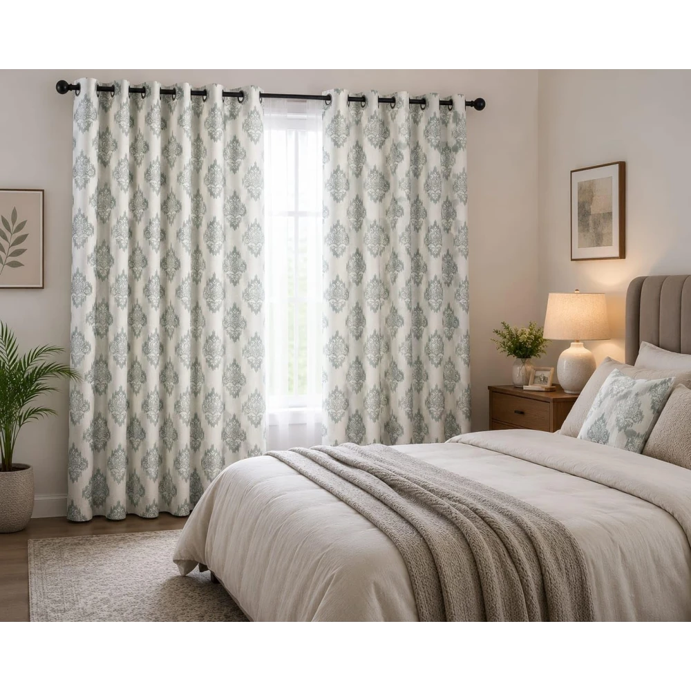 RADECOR Damash Ikat Print 7ft Window Curtain for Living Room & Bedroom | Premium Polyester Eyelet Curtain | Room Darkening Decorative Curtain/Grey/Pack of 2