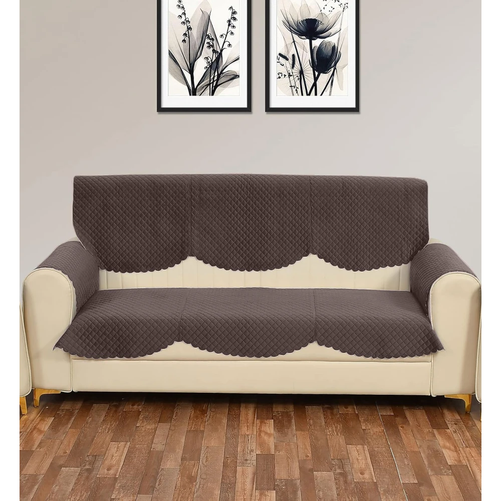 RADECOR ATICUE Solid Color Premium Quilted Sofa Cover Set Sofa Slip Covers/Velvet Sofa Panel (Dark Brown, 3 Seater + Arm Cover)