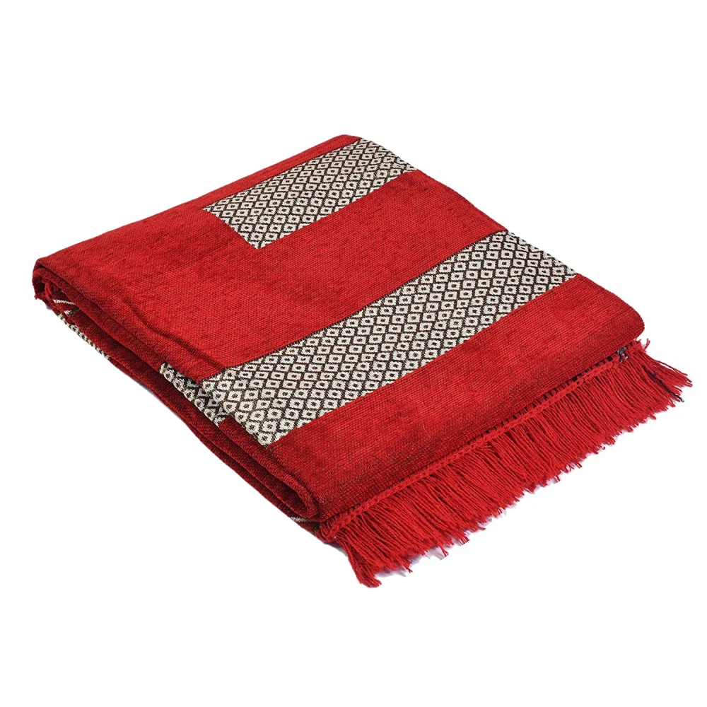 RADECOR Tile Design Sleek and Spacious Rectangular Chenille Carpet with Binding | Area Rug | Durries for Living Room, Bedroom | 5X7 Feet (210 Cmx152 Cm) Red