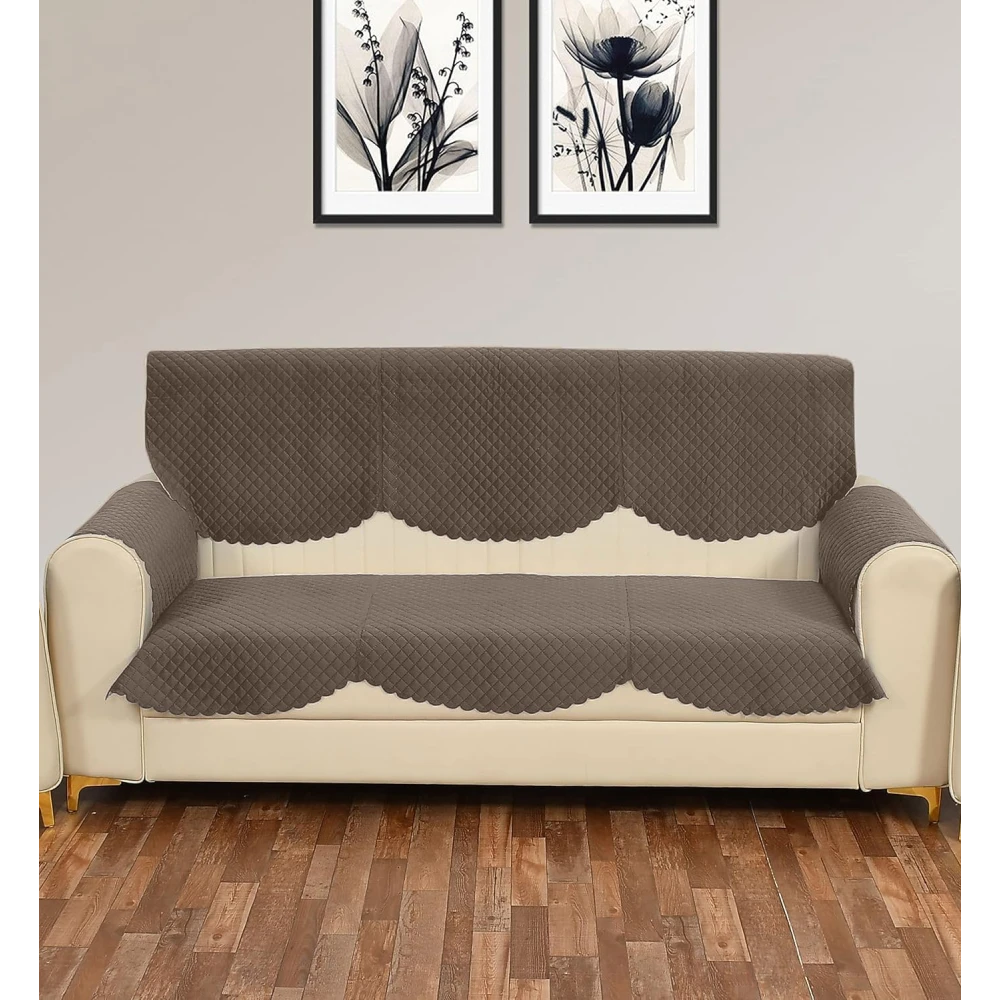 RADECOR ATICUE Solid Color Premium Quilted Sofa Cover Set Sofa Slip Covers/Velvet Sofa Panel (Mouse, 3 Seater + Arm Cover)