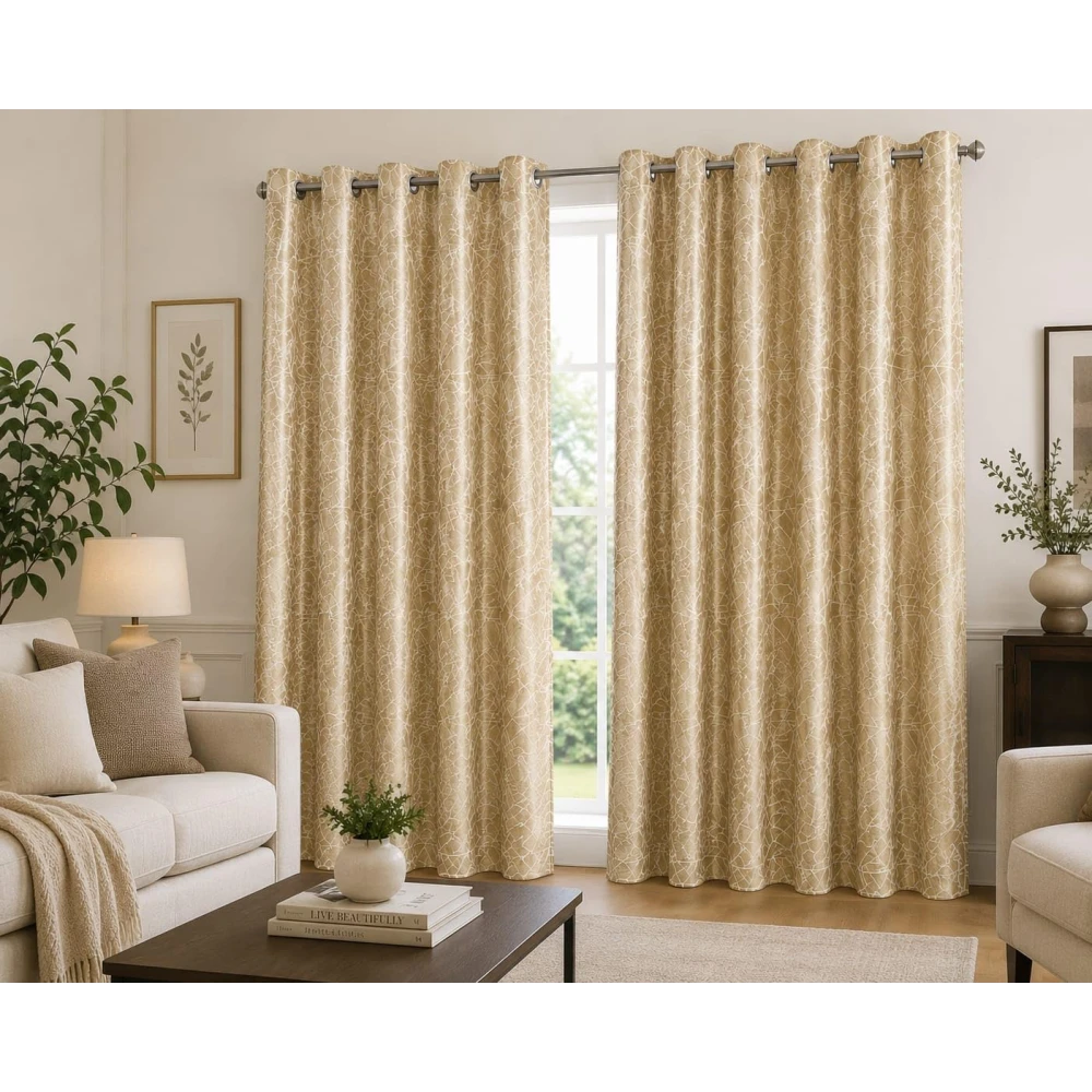 RADECOR Geometric Pattern 9ft Polyester Eyelet Curtain | Modern Window & Door Curtain for Living Room, Bedroom & Office | Decorative Curtain Panel/Golden Beige/Pack of 2