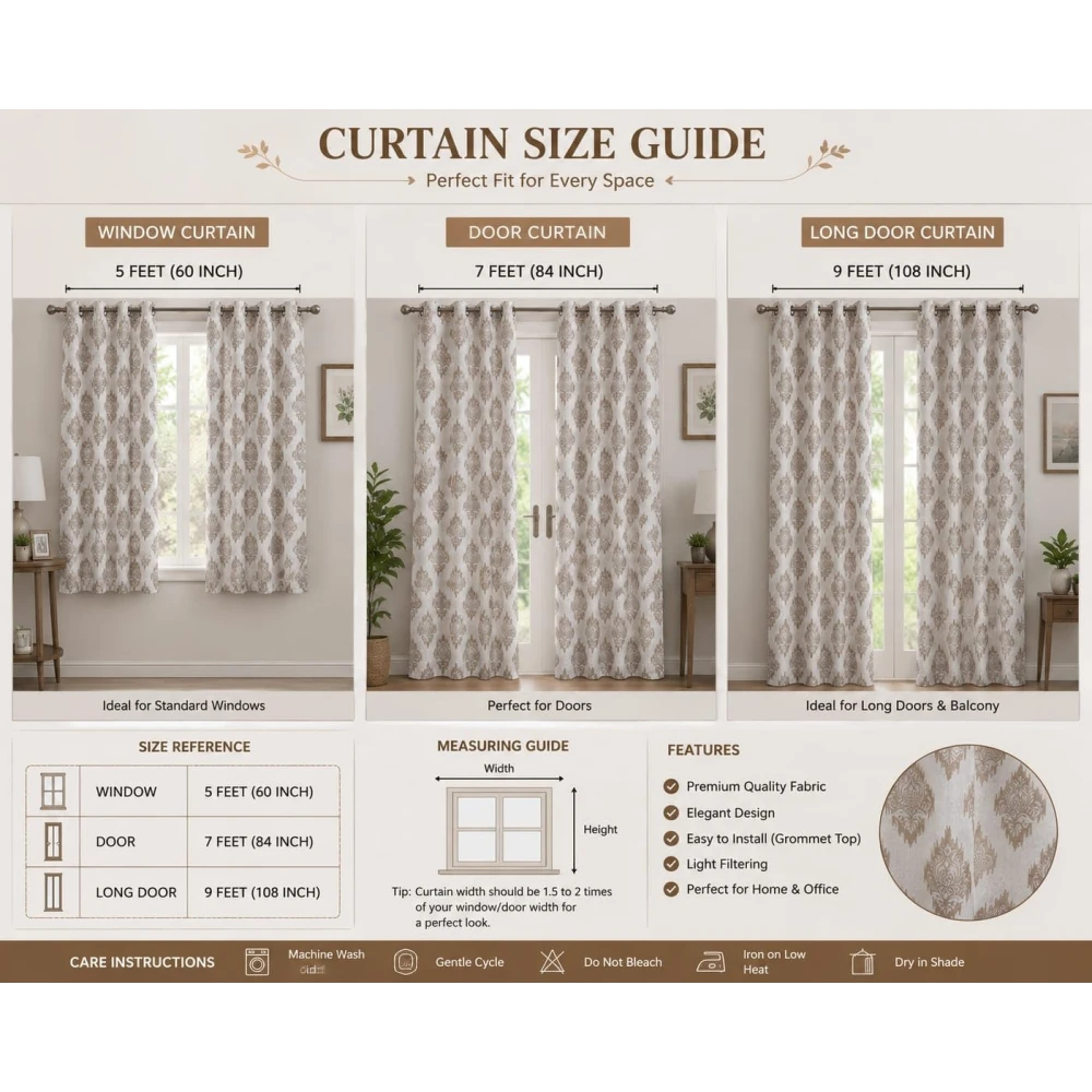 RADECOR Damash Ikat Print 5ft Window Curtain for Living Room & Bedroom | Premium Polyester Eyelet Curtain | Room Darkening Decorative Curtain/Brown/Pack of 2
